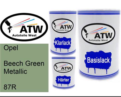 Opel, Beech Green Metallic, 87R: 500ml Lackdose + 500ml Klarlack + 250ml Härter - Set, von ATW Autoteile West.